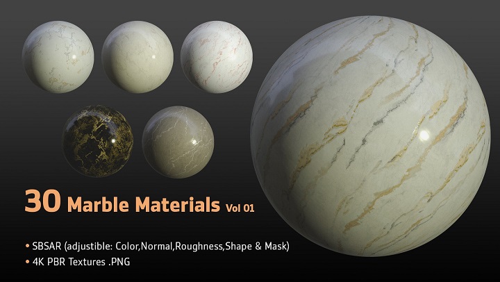 ArtStation – 30 Marble Materials (SBSAR, 4K PBR Texture) Vol 01