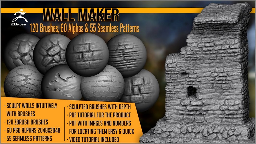 ArtStation – Wall Maker 120 ZBrush Brushes, 60 Alphas, and 55 Pattern