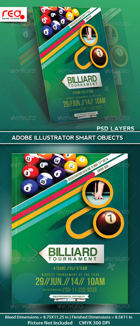 GraphicRiver Billiard Tournament Flyer Poster Magazine Template 台球锦标赛传单海报杂志模板