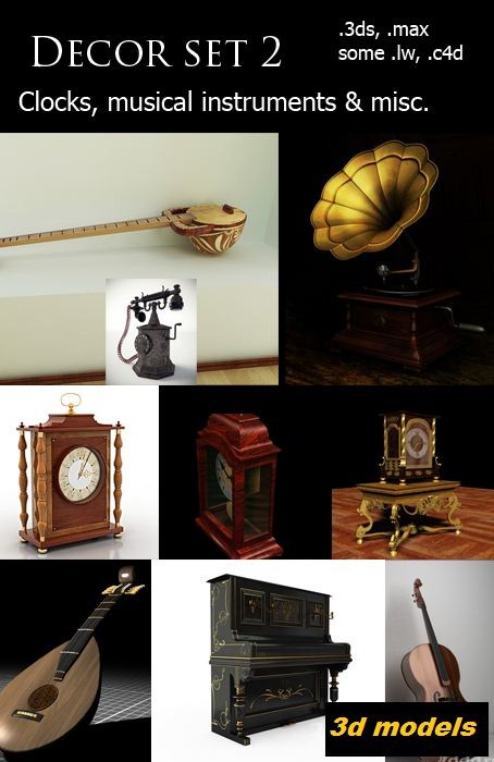 钟表/乐器模型 Decor Set 2 – Clocks, Musical Instruments & Misc