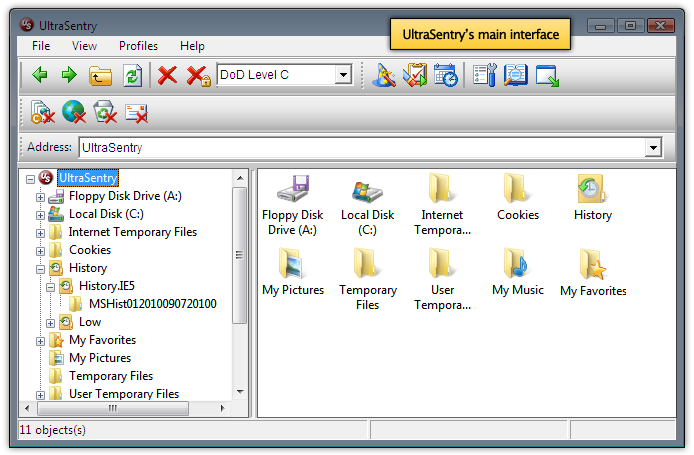 UltraSentry secure delete main interface