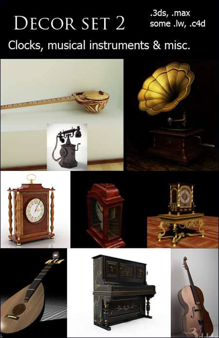 Decor Set 2 Clocks Musical Instruments & Misc