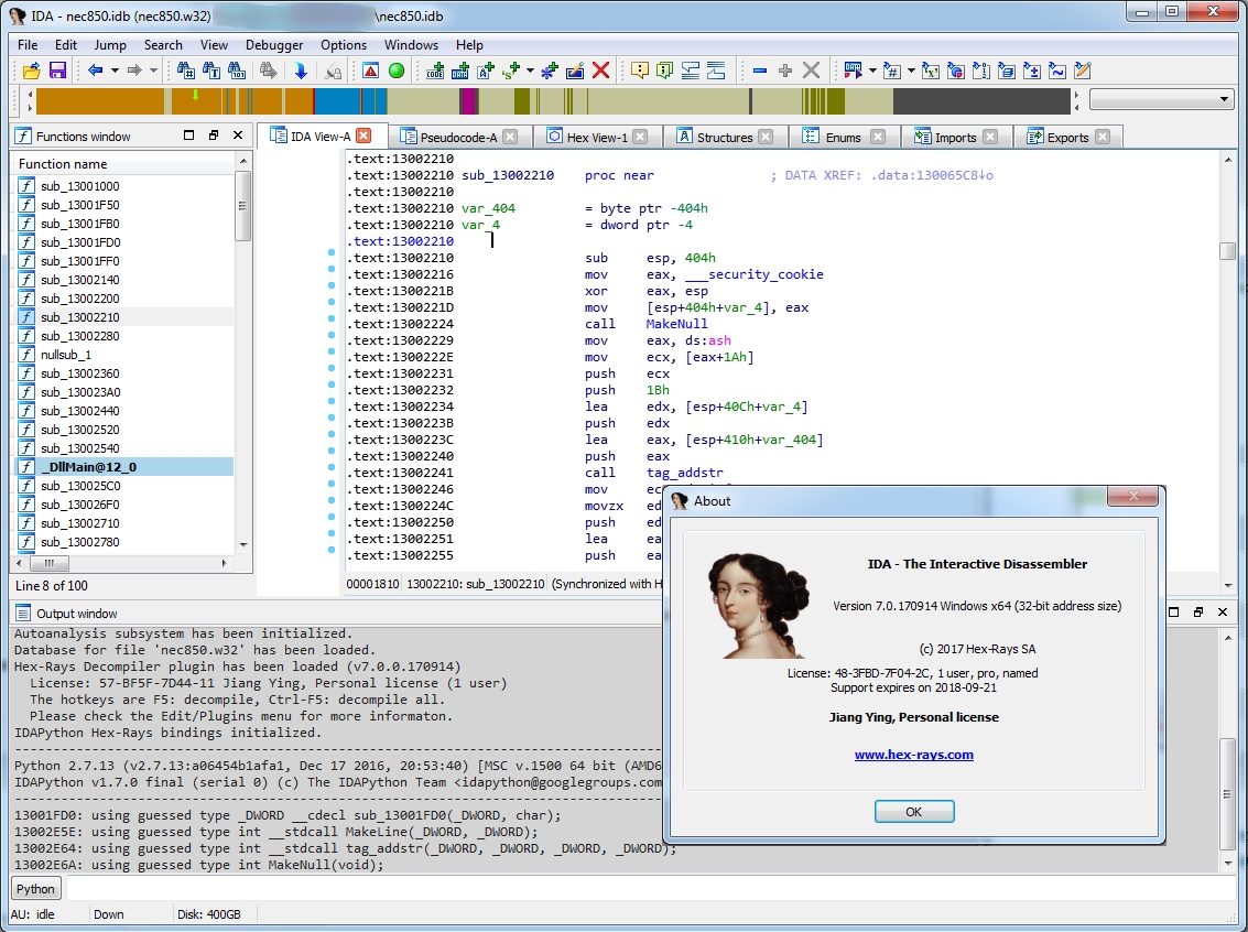 IDA Pro 7.0.170914 with Hex-Rays Decompilers